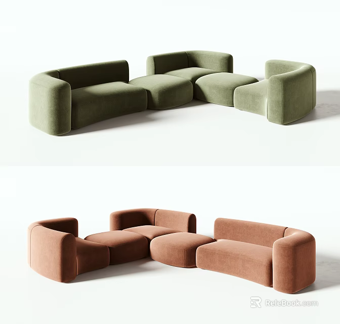 Green and Brown Velvet Sectional Sofa With Modern Curved Modular Design 3d model 
