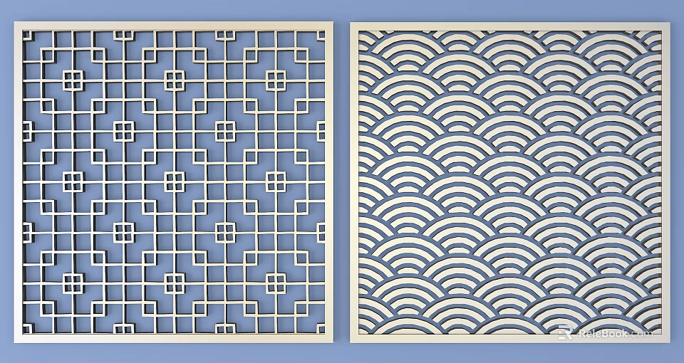 Modern Interior Decorative Room Dividers With Geometric Grid And Wave Patterns 3d model 