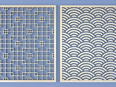 Modern Interior Decorative Room Dividers With Geometric Grid And Wave Patterns 3d model