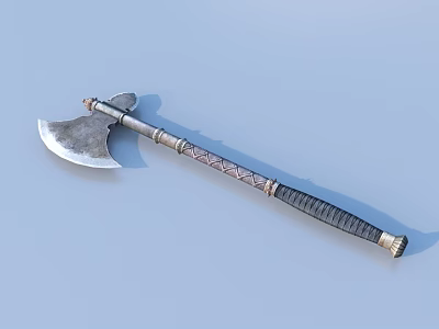 Vintage Handcrafted Axe With Metal Head Carved Handle And Black Grip 3d model