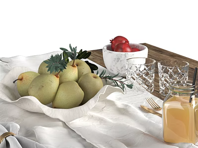 Fresh Fruits Display With Pears Pomegranates Juice In White Bowls Glass Jar On Wooden Table 3d model