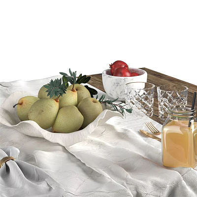 Fresh Fruits Display With Pears Pomegranates Juice In White Bowls Glass Jar On Wooden Table 3d model