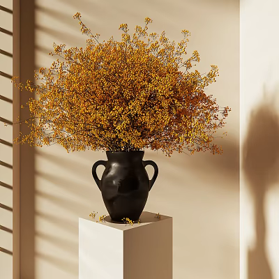 Yellow Flowers and Plants in Black Vase on White Pedestal with Sunlight Shadows 3d model