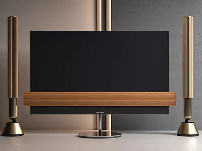 Modern Black Flat Screen TV on Wooden Stand with Golden Speakers in Living Room 3d model