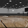 Indoor Basketball Court With Wooden Floor Basketball Hoops Ceiling Lights And Court Markings