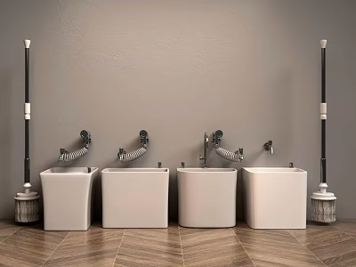 Daily Washing Supplies Featuring White Wall Mounted Basins Mops And Buckets 3d model