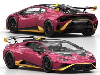 Modern Pink Supercar With Yellow Accents Black Wheels And Rear Spoiler 3d model