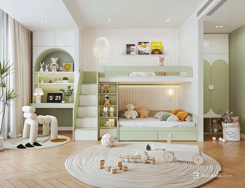 Green And White Kids Room Interior Design With Bunk Bed Staircase Storage Shelves And Toys 3d model 
