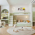 Green And White Kids Room Interior Design With Bunk Bed Staircase Storage Shelves And Toys