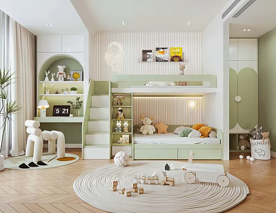 Green And White Kids Room Interior Design With Bunk Bed Staircase Storage Shelves And Toys 3d model