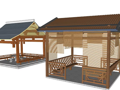 Traditional Open Air Wooden Pavilions With Sloped Roofs And Bamboo Railings 3d model