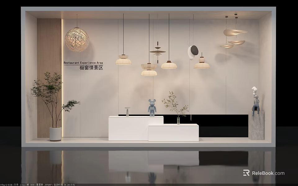 Modern Stylish Pendant Lights Various Designs In Interior Display With Green Plants White Counter 3d model 
