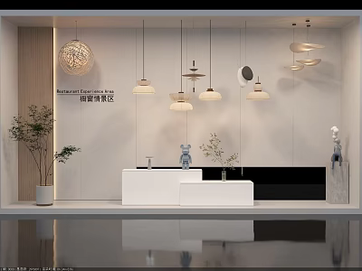Modern Stylish Pendant Lights Various Designs In Interior Display With Green Plants White Counter 3d model
