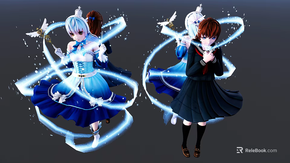 Game Movie Characters White Haired Blue Dress Brown Haired Black Dress with Blue Light Doves 3d model 