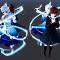 Game Movie Characters White Haired Blue Dress Brown Haired Black Dress with Blue Light Doves