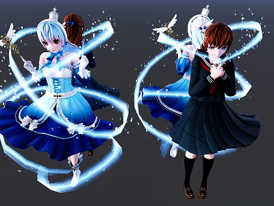 Game Movie Characters White Haired Blue Dress Brown Haired Black Dress with Blue Light Doves 3d model