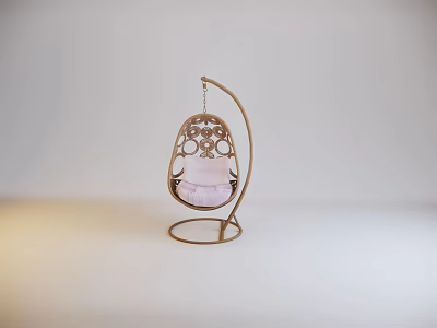 Elegant Modern Hanging Chair with Intricate Metal Frame and Pink Cushion 3d model