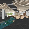 Chinese Style Teahouse Interior With Lotus Pond Wicker Seats And Wooden Decorative Bridge