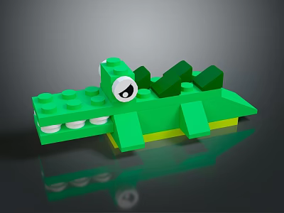 Playful Lego Crocodile with White Teeth Black Eye Green Yellow Building Blocks on Reflective Surface 3d model