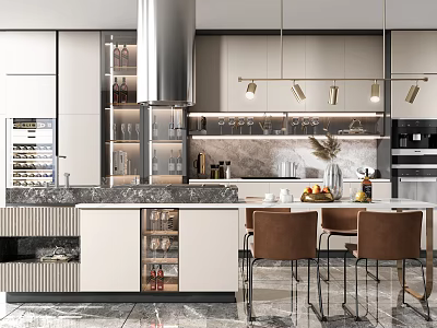 Modern Kitchen Interior Featuring Stylish Cabinets Marble Countertop Pendant Lights And Dining Chairs 3d model