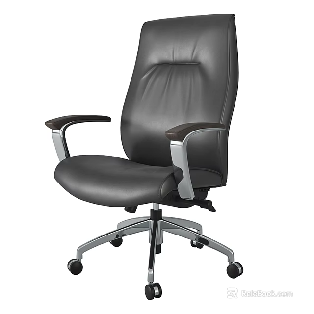 Ergonomic Black Leather Office Chair with Wood Accent Armrests and Metal Base Wheels 3d model 