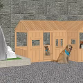 Garden Ornaments With Gray Stone Wall Bamboo White Stones Small Lawn Wooden House And Dog