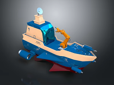 Blue and Beige Water Transport Vessel Featuring Orange Robotic Arm Radar Antenna and Red Propulsion 3d model