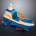 Blue and Beige Water Transport Vessel Featuring Orange Robotic Arm Radar Antenna and Red Propulsion