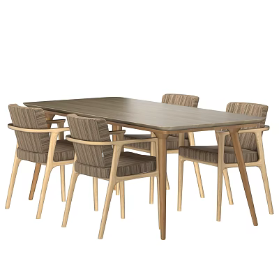 Modern Wooden Dining Table Set With Four Striped Upholstered Armchairs 3d model