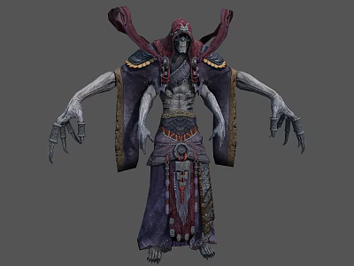 Fantasy Multi Armed Skeleton Character In Ornamental Robe With Red Accents 3d model