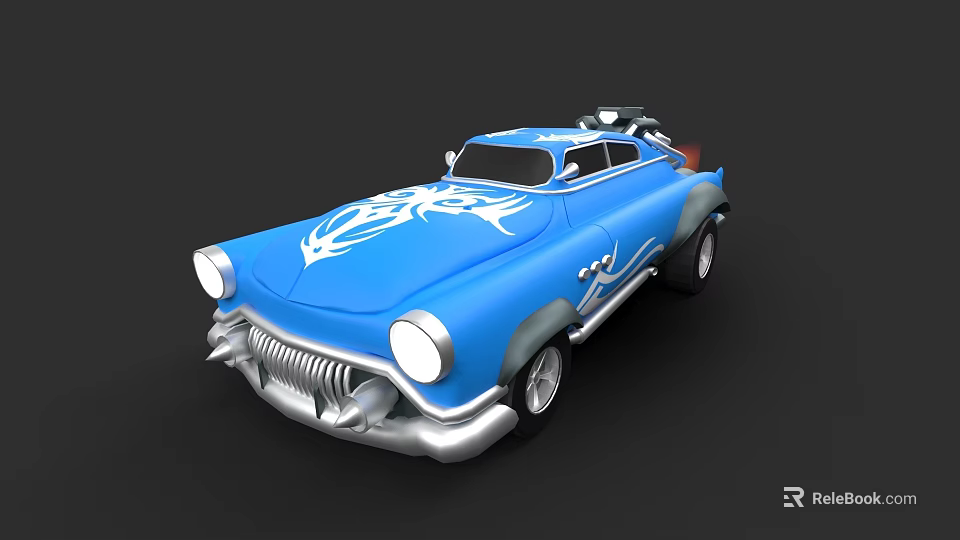 Blue Vintage Custom Car With White Flame Decals And Classic Front Grille 3d model 
