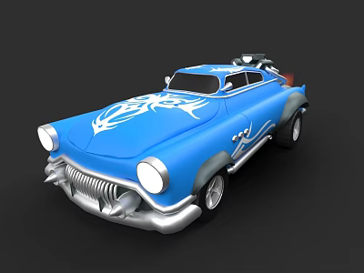 Blue Vintage Custom Car With White Flame Decals And Classic Front Grille 3d model
