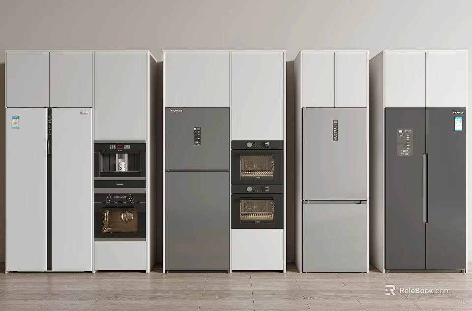 Modern Kitchen Interior With Stylish Refrigerators And Freezers In Various Designs 3d model 