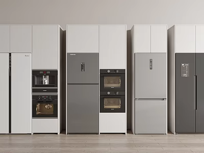 Modern Kitchen Interior With Stylish Refrigerators And Freezers In Various Designs 3d model
