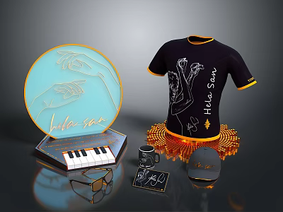 Black T-shirt And Cap With Hello Swan Text Hand Graphics And Orange Tassel Decoration 3d model