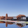 Modern Red Brick Architecture With Unique Design And Water Reflection Exterior