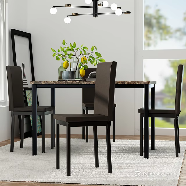 Elegant Restaurant Dining Area With Marble Table Black Chairs Green Plant And Natural Light 3d model 