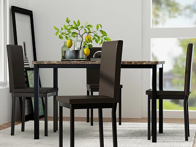Elegant Restaurant Dining Area With Marble Table Black Chairs Green Plant And Natural Light 3d model