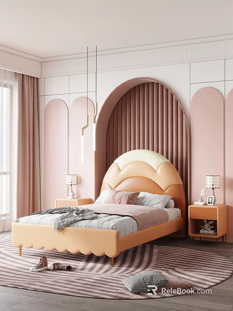 Cozy Kids Bed With Curved Headboard Nightstands Table Lamps And Soft Pink Arched Wall Design 3d model 