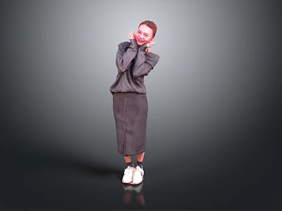 Woman in Gray Suit with Hands Near Cheeks and White Sneakers on Gradient Background 3d model