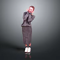 Woman in Gray Suit with Hands Near Cheeks and White Sneakers on Gradient Background