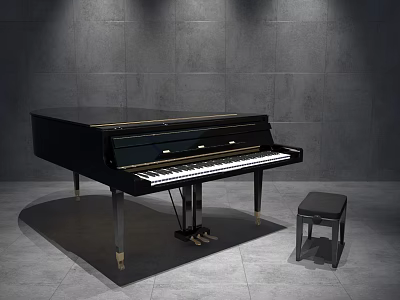 Black Grand Piano With Stool In Modern Space With Gray Wall And Floor 3d model