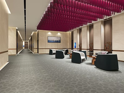 Modern Hotel Public Lounge Interior With Red Ceiling Decor Comfortable Seating And Patterned Carpet 3d model