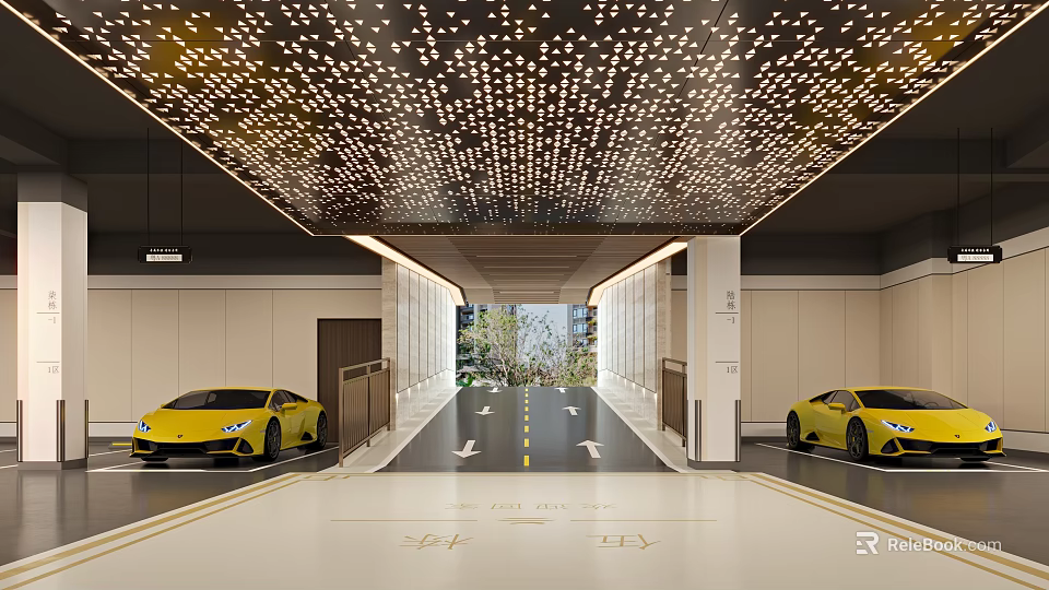 Modern Parking Garage with Decorative Ceiling Lights Yellow Sports Cars and Lane Markings 3d model 