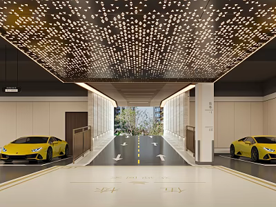 Modern Parking Garage with Decorative Ceiling Lights Yellow Sports Cars and Lane Markings 3d model