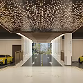 Modern Parking Garage with Decorative Ceiling Lights Yellow Sports Cars and Lane Markings