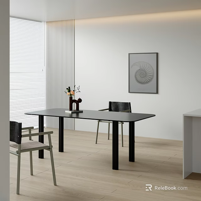 Modern Dining Table Set With Black Table Chairs And Wall Art On Wooden Floor 3d model 