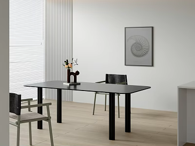Modern Dining Table Set With Black Table Chairs And Wall Art On Wooden Floor 3d model