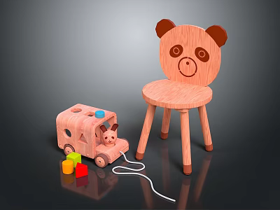 Cute Bear Shaped Wooden Chair With Toy Truck And Colorful Blocks 3d model