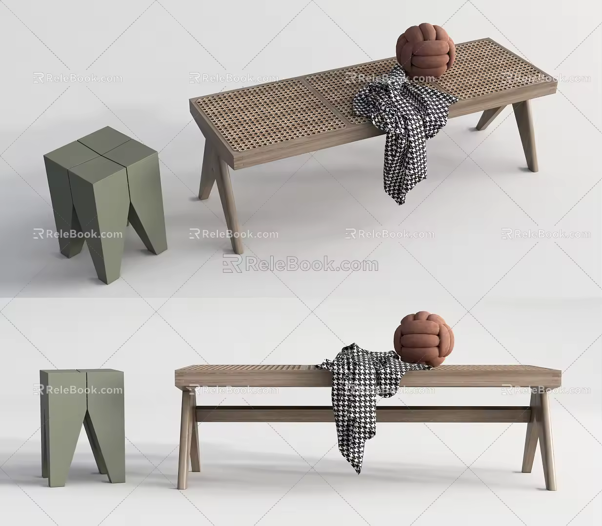 Nordic Stool Rattan Long Stool 3d model